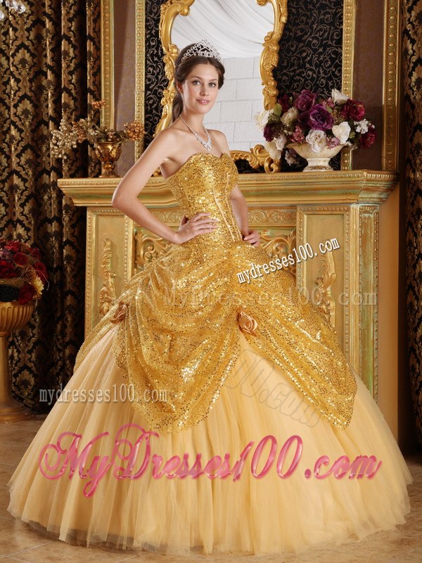 Gold Ball Gown Sweetheart Floor-length Sequined and Tulle Handle