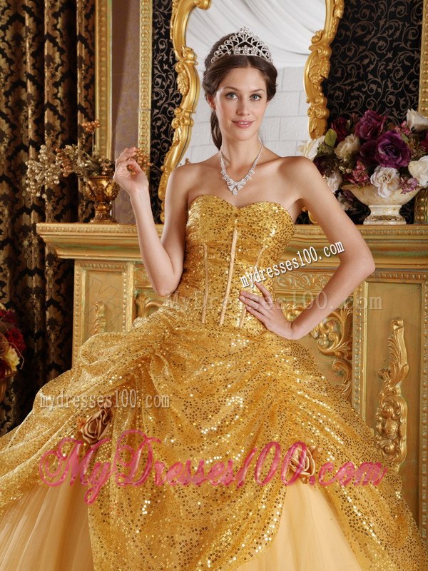 Handle Flowers Gold Quinceanera Gown Sweetheart Sequined and Tulle