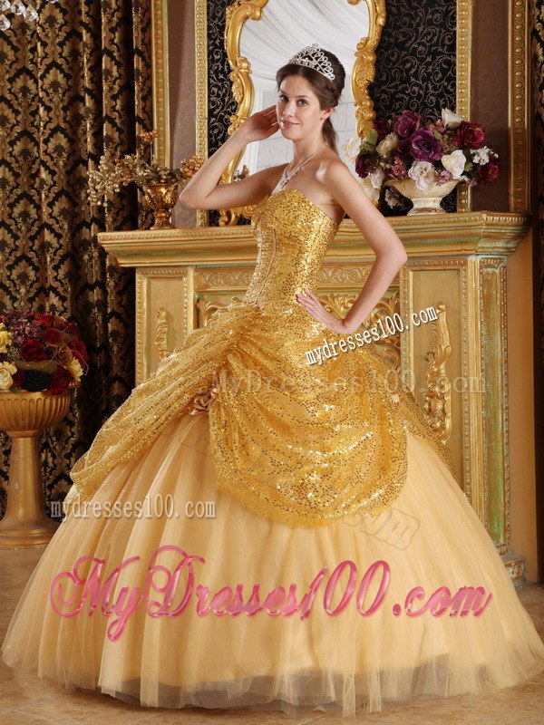 Handle Flowers Gold Quinceanera Gown Sweetheart Sequined and Tulle