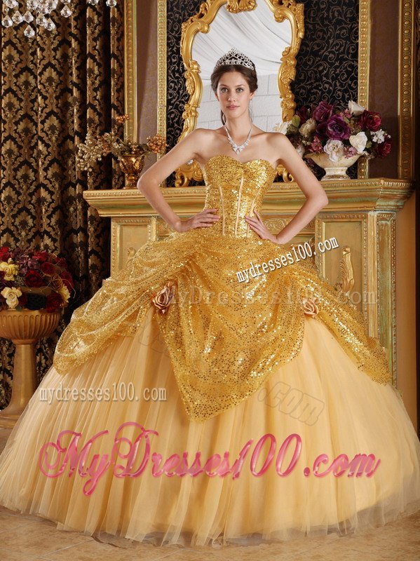 Handle Flowers Gold Quinceanera Gown Sweetheart Sequined and Tulle