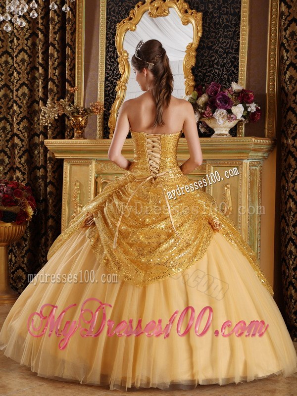 Gold Ball Gown Sweetheart Floor-length Sequined and Tulle Handle