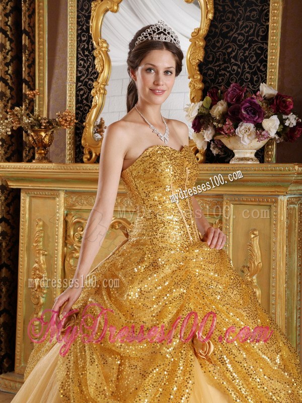 Gold Ball Gown Sweetheart Floor-length Sequined and Tulle Handle