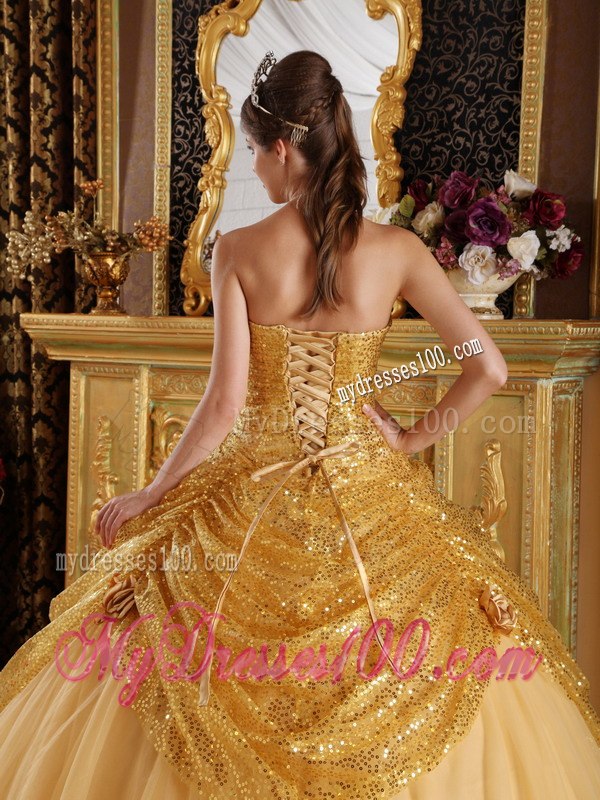 Gold Ball Gown Sweetheart Floor-length Sequined and Tulle Handle