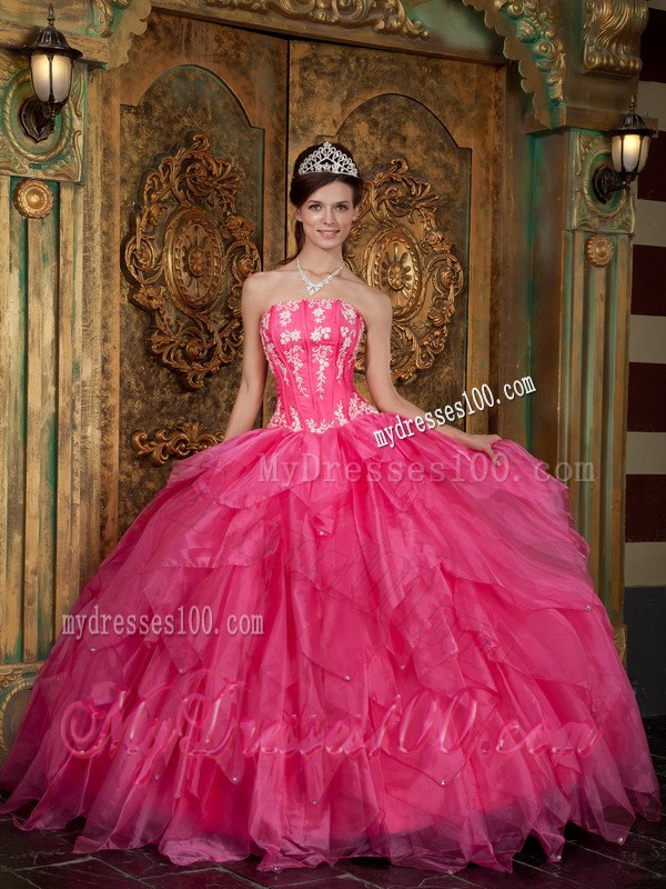 Hot Pink Sweet 16 Dress Ball Gown Style with Appliques and Ruffles