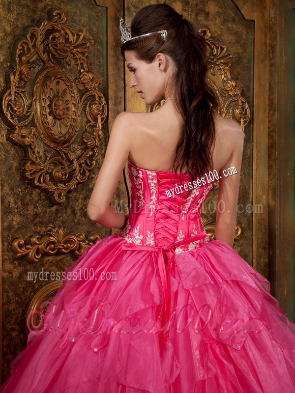 Hot Pink Sweet 16 Dress Ball Gown Style with Appliques and Ruffles