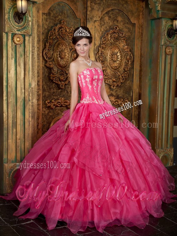 Hot Pink Sweet 16 Dress Ball Gown Style with Appliques and Ruffles