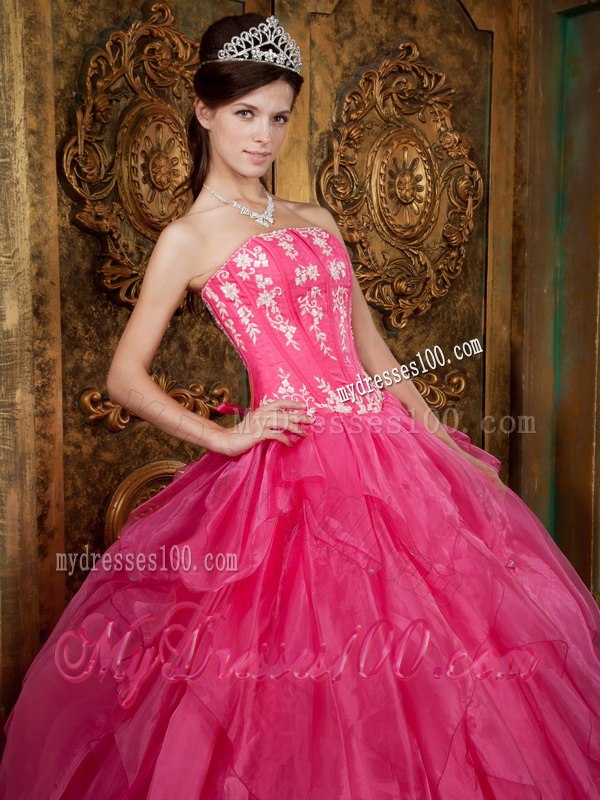 Hot Pink Sweet 16 Dress Ball Gown Style with Appliques and Ruffles