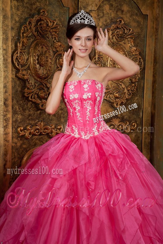 Hot Pink Sweet 16 Dress Ball Gown Style with Appliques and Ruffles