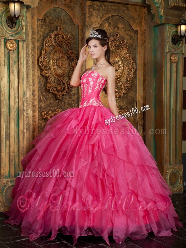 Hot Pink Sweet 16 Dress Ball Gown Style with Appliques and Ruffles