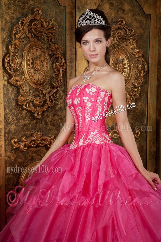 Hot Pink Sweet 16 Dress Ball Gown Style with Appliques and Ruffles