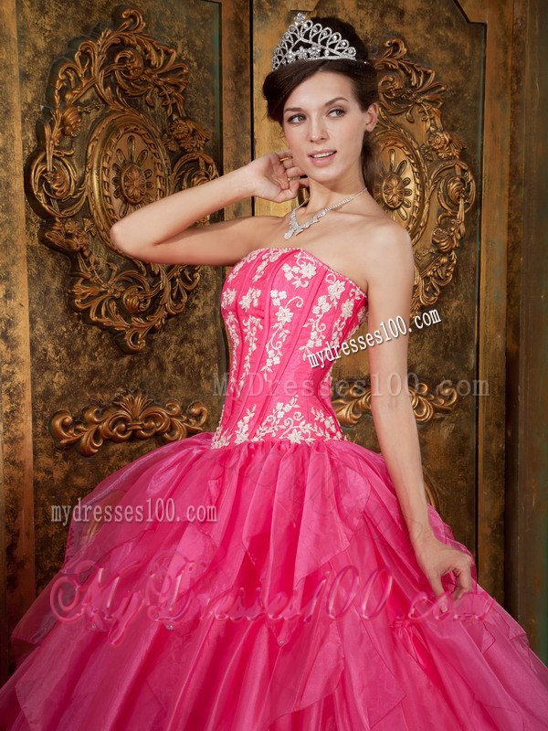 Hot Pink Sweet 16 Dress Ball Gown Style with Appliques and Ruffles