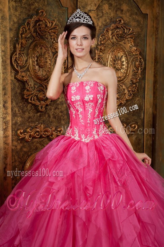 Hot Pink Sweet 16 Dress Ball Gown Style with Appliques and Ruffles