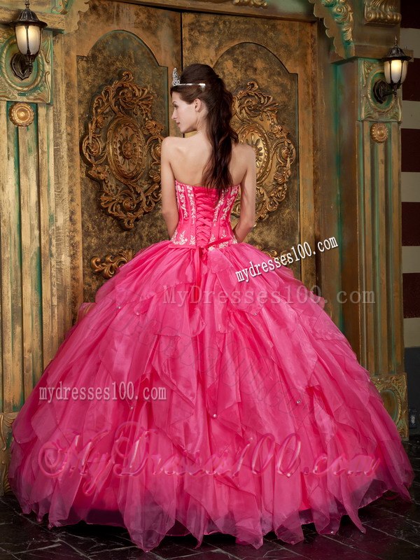 Hot Pink Sweet 16 Dress Ball Gown Style with Appliques and Ruffles