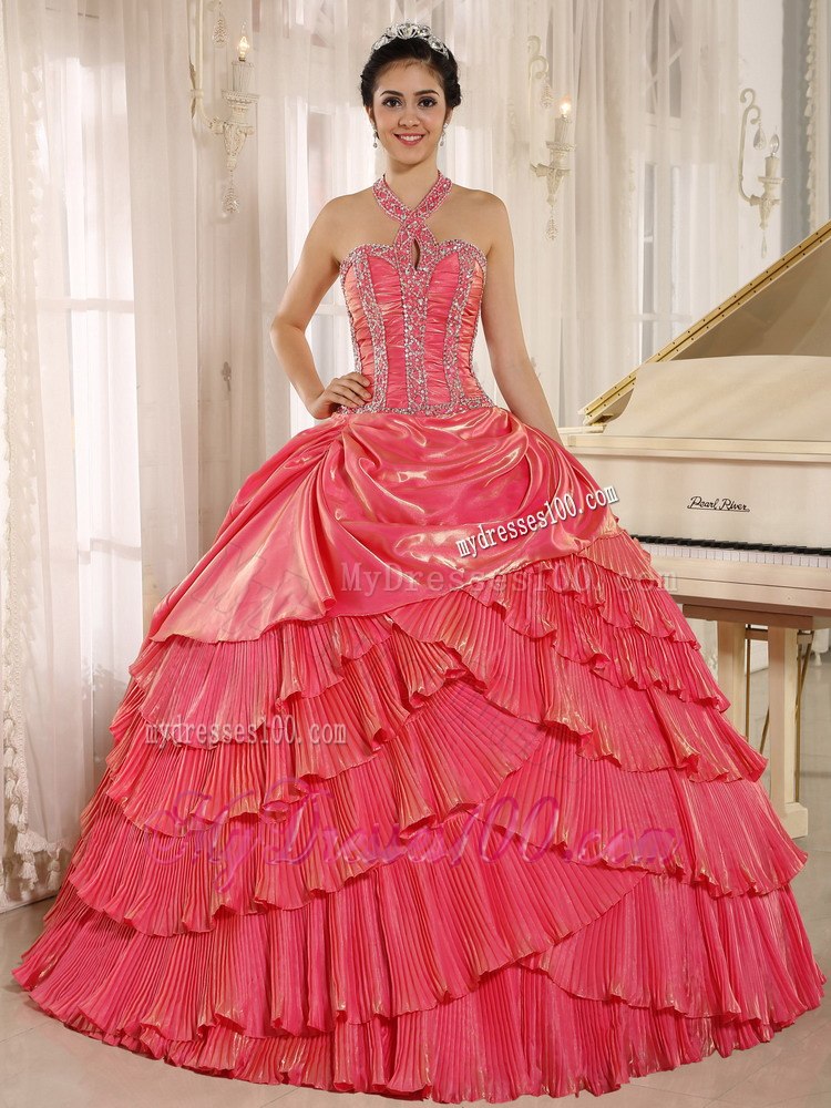 Beaded Halter Watermelon Pleat Quinceanera Dress with Pleating Layers