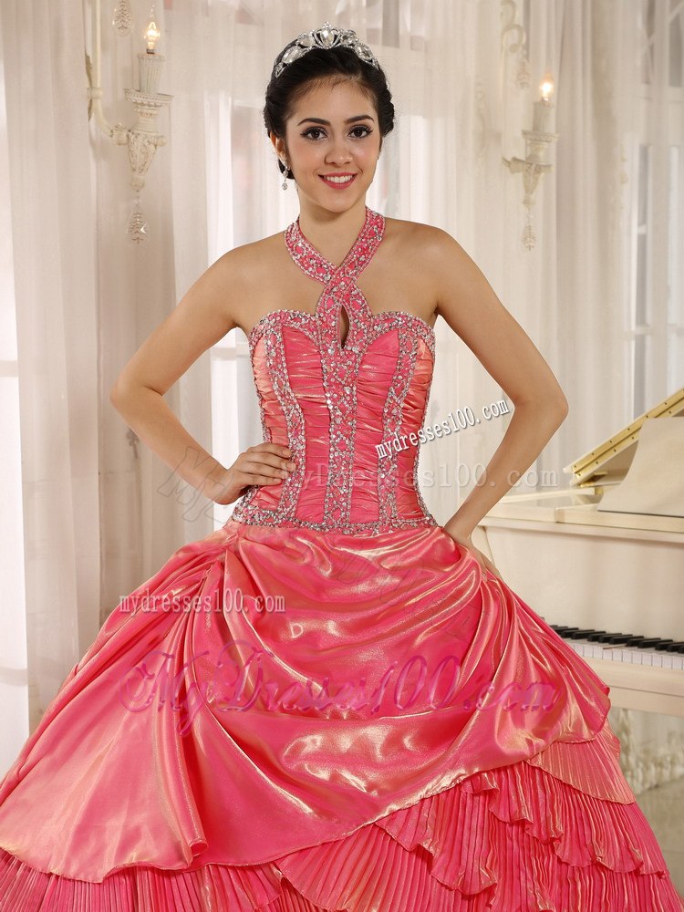 Beaded Halter Watermelon Pleat Quinceanera Dress with Pleating Layers