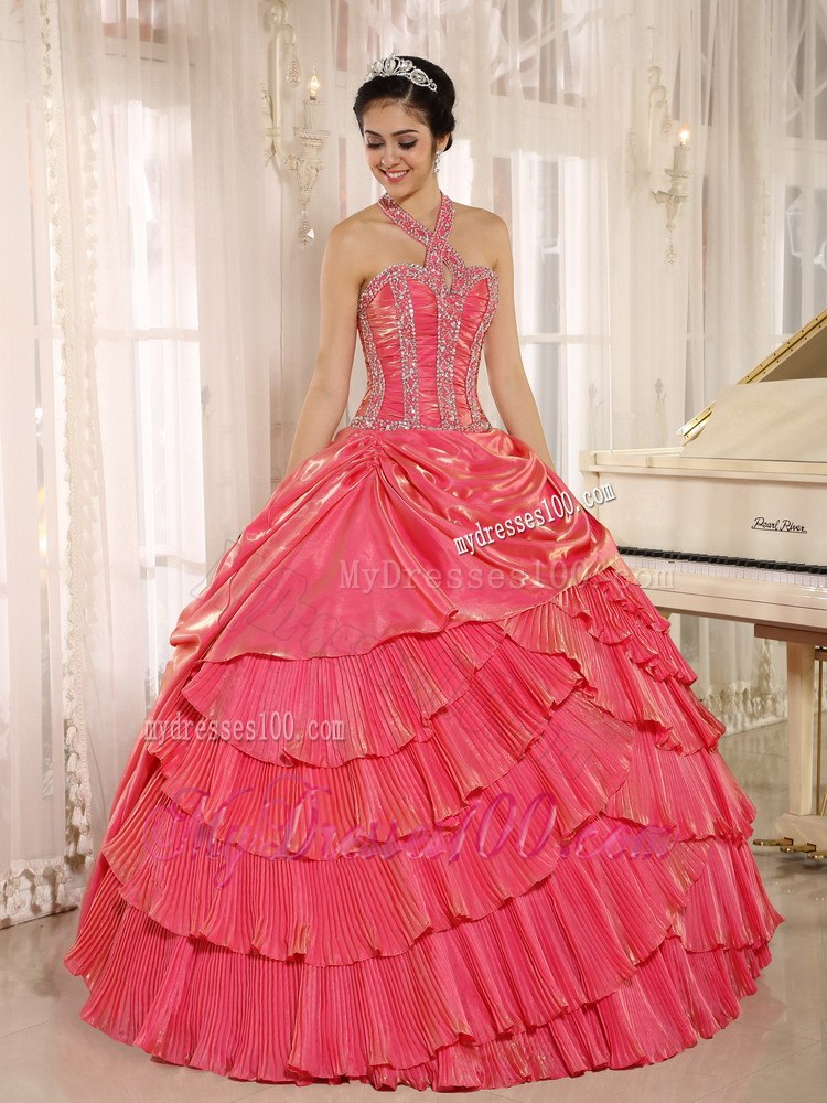 Beaded Halter Watermelon Pleat Quinceanera Dress with Pleating Layers