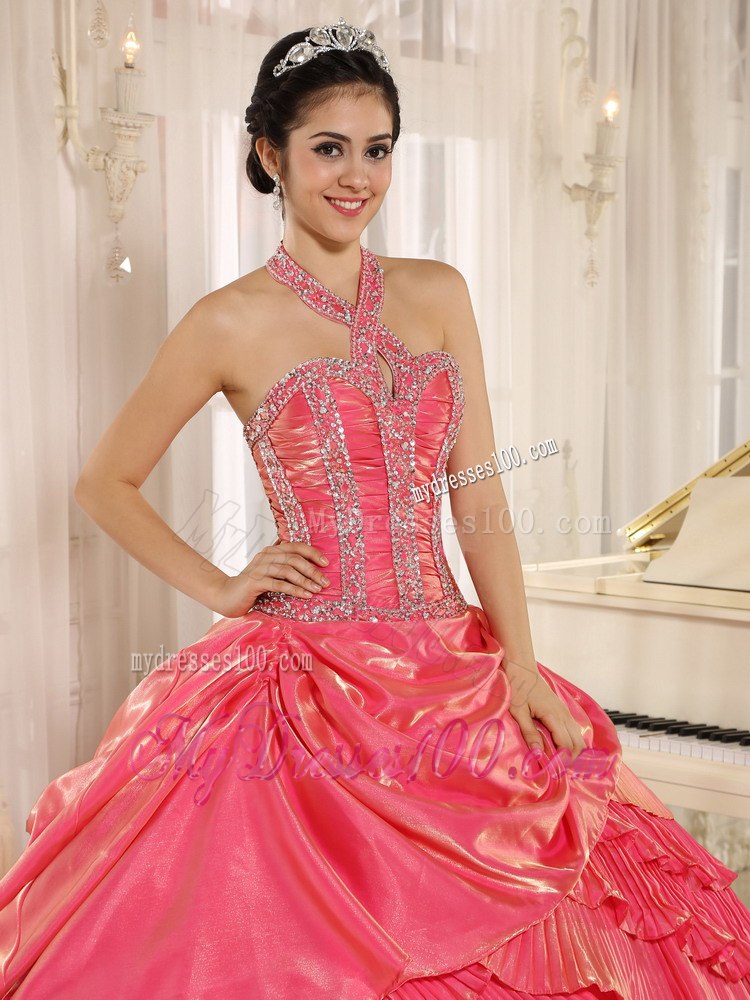 Beaded Halter Watermelon Pleat Quinceanera Dress with Pleating Layers