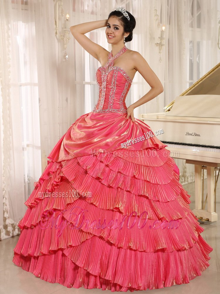 Beaded Halter Watermelon Pleat Quinceanera Dress with Pleating Layers