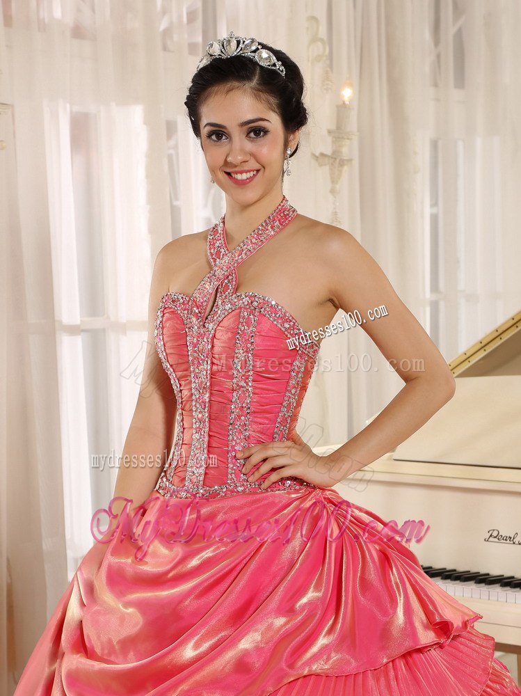 Beaded Halter Watermelon Pleat Quinceanera Dress with Pleating Layers