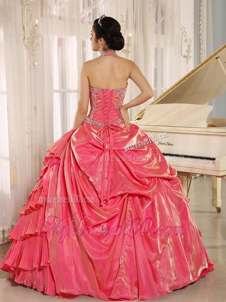 Beaded Halter Watermelon Pleat Quinceanera Dress with Pleating Layers
