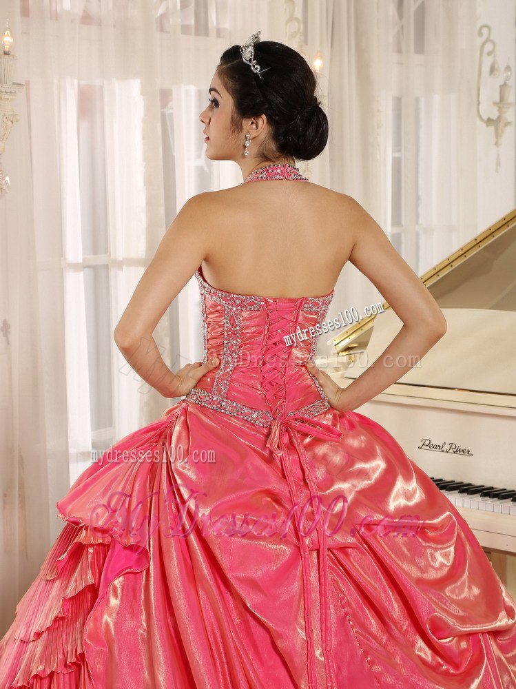 Beaded Halter Watermelon Pleat Quinceanera Dress with Pleating Layers