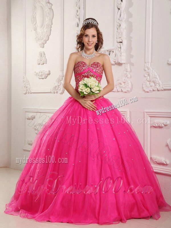 Hot Pink A-Line Sweetheart Quinceanera Gown With Sequins and Beading