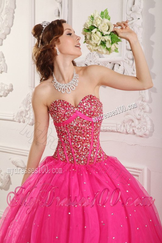Hot Pink A-Line Sweetheart Quinceanera Gown With Sequins and Beading