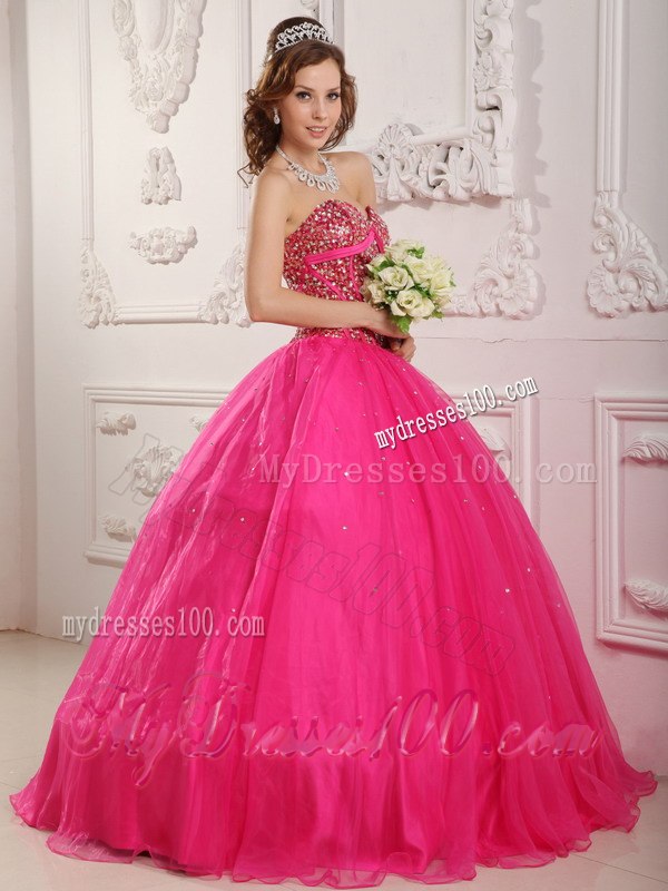 Hot Pink A-Line Sweetheart Quinceanera Gown With Sequins and Beading