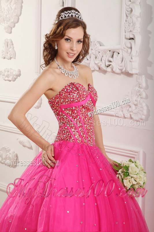 Hot Pink A-Line Sweetheart Quinceanera Gown With Sequins and Beading