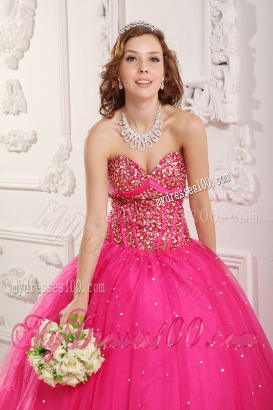 Hot Pink A-Line Sweetheart Quinceanera Gown With Sequins and Beading