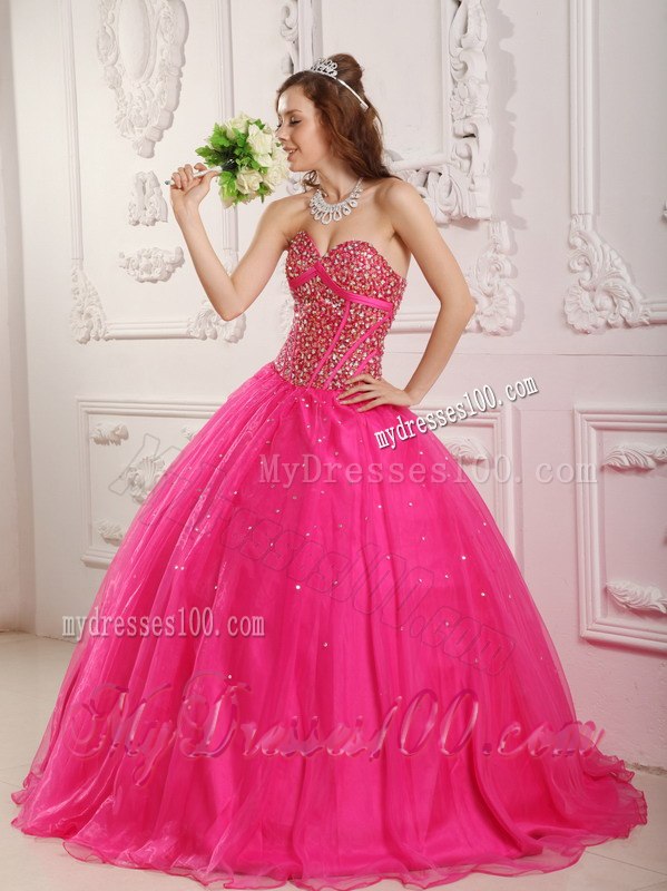 Hot Pink A-Line Sweetheart Quinceanera Gown With Sequins and Beading