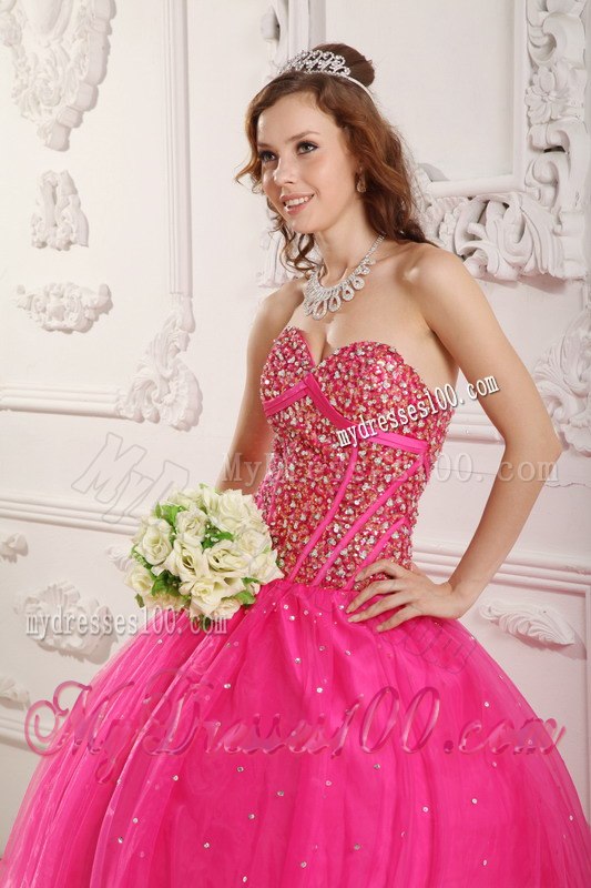 Hot Pink A-Line Sweetheart Quinceanera Gown With Sequins and Beading