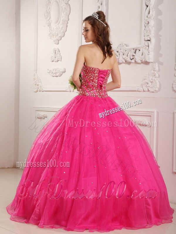 Hot Pink A-Line Sweetheart Quinceanera Gown With Sequins and Beading