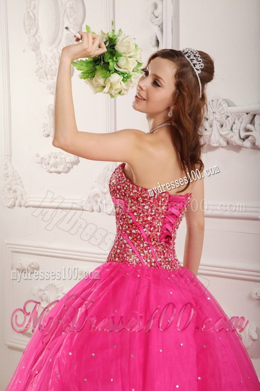 Hot Pink A-Line Sweetheart Quinceanera Gown With Sequins and Beading