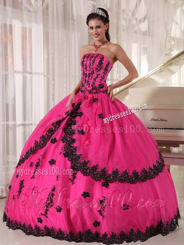 Ball Gown Strapless Floor-length Appliques Quinceanera Dress in Hot Pink