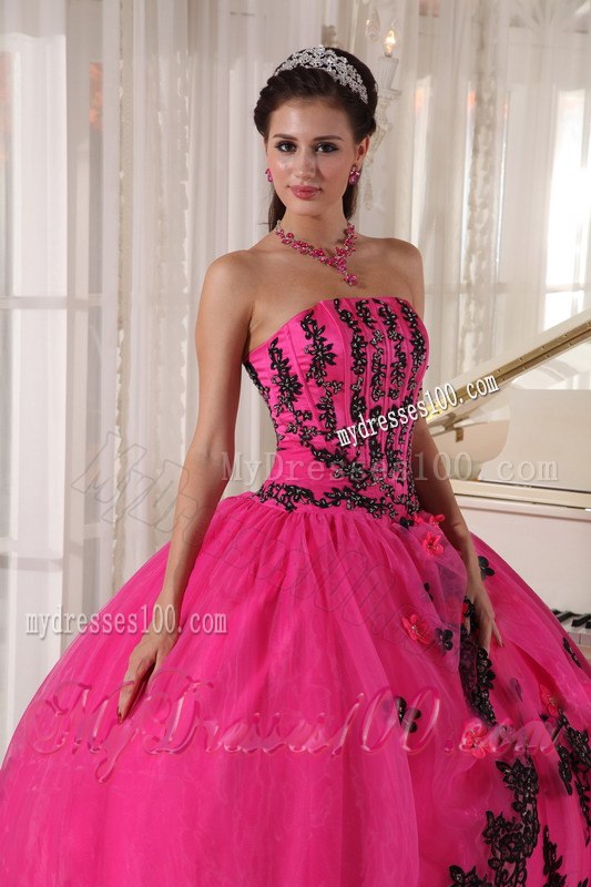 Ball Gown Strapless Floor-length Appliques Quinceanera Dress in Hot Pink