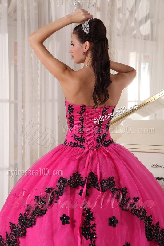 Ball Gown Strapless Floor-length Appliques Quinceanera Dress in Hot Pink