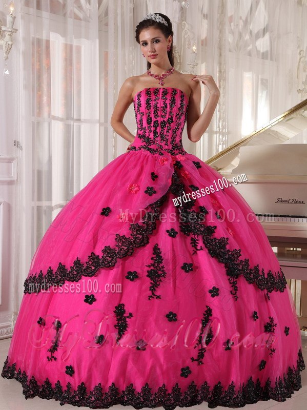 Ball Gown Strapless Floor-length Appliques Quinceanera Dress in Hot Pink