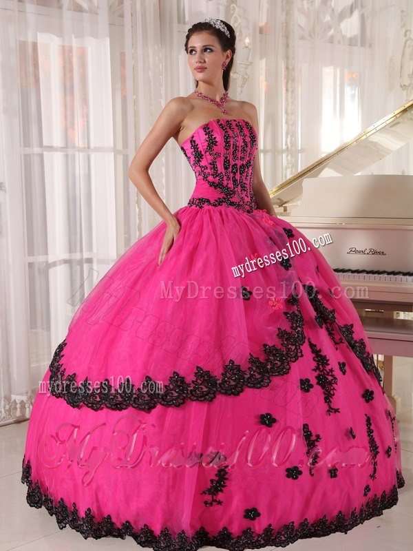 Ball Gown Strapless Floor-length Appliques Quinceanera Dress in Hot Pink