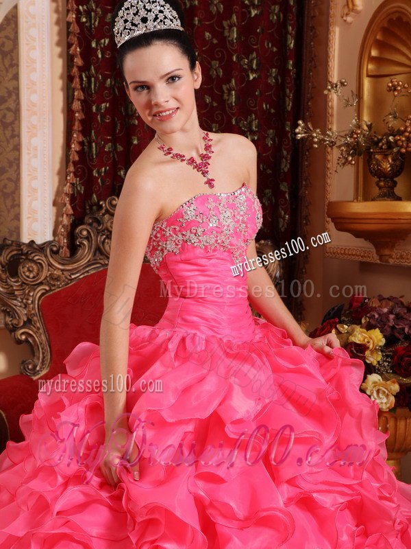 Strapless Style with Ruffles and Beading Hot Pink Quinceanera Dress