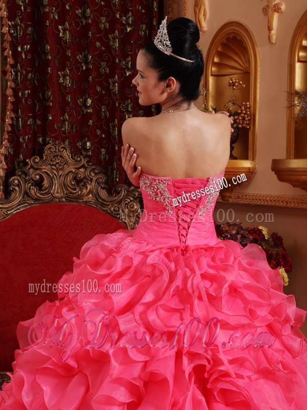 Strapless Style with Ruffles and Beading Hot Pink Quinceanera Dress