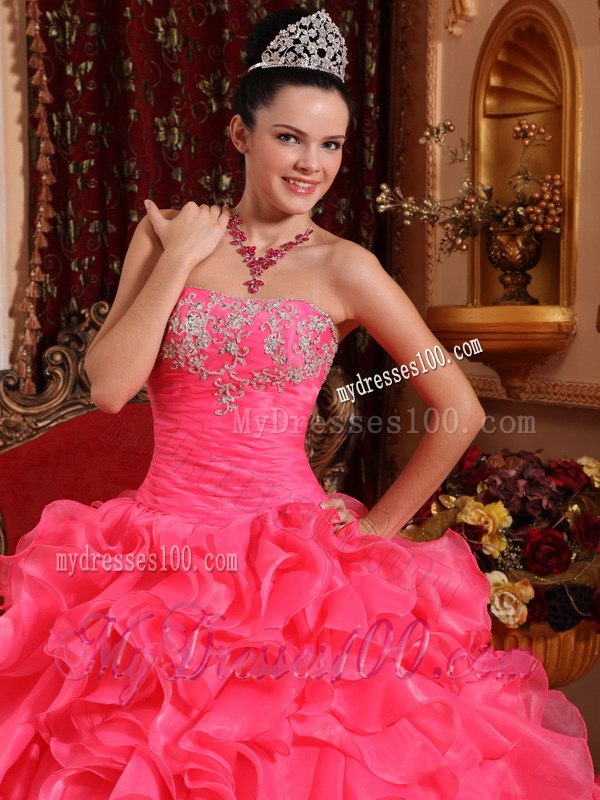 Strapless Style with Ruffles and Beading Hot Pink Quinceanera Dress