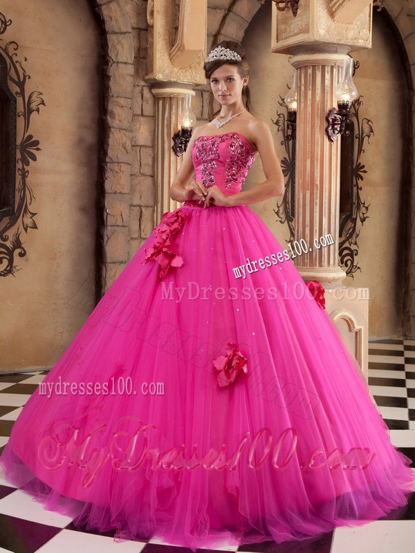 Hot Pink Ball Gown Strapless Floor-length Satin and Tulle Beadin
