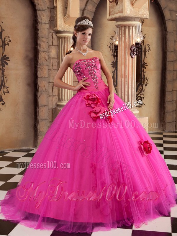 2013 Popular Hot Pink Quinceanera Gown Flowers and Beading Decorate