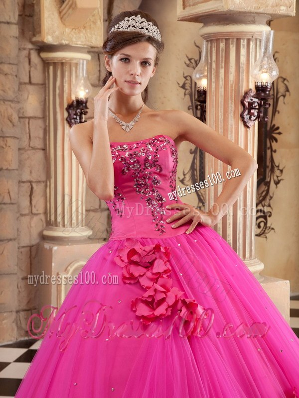2013 Popular Hot Pink Quinceanera Gown Flowers and Beading Decorate