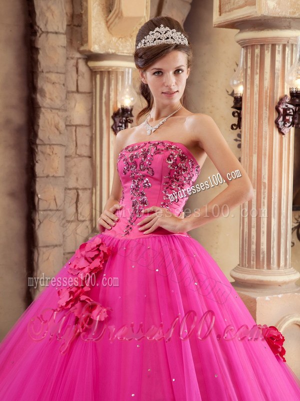 2013 Popular Hot Pink Quinceanera Gown Flowers and Beading Decorate