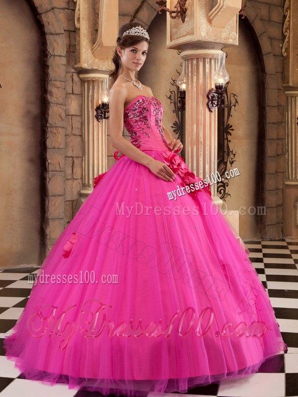 2013 Popular Hot Pink Quinceanera Gown Flowers and Beading Decorate