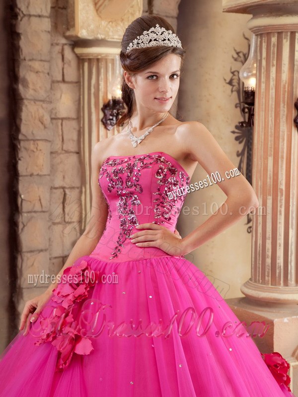 Hot Pink Ball Gown Strapless Floor-length Satin and Tulle Beadin