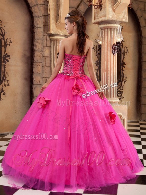 Hot Pink Ball Gown Strapless Floor-length Satin and Tulle Beadin