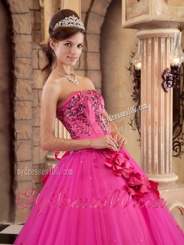 Hot Pink Ball Gown Strapless Floor-length Satin and Tulle Beadin